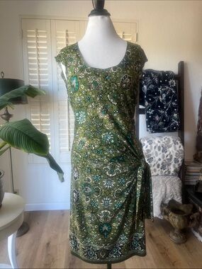 Max Studio Olive Green Floral Midi Dress with Teal Accents
